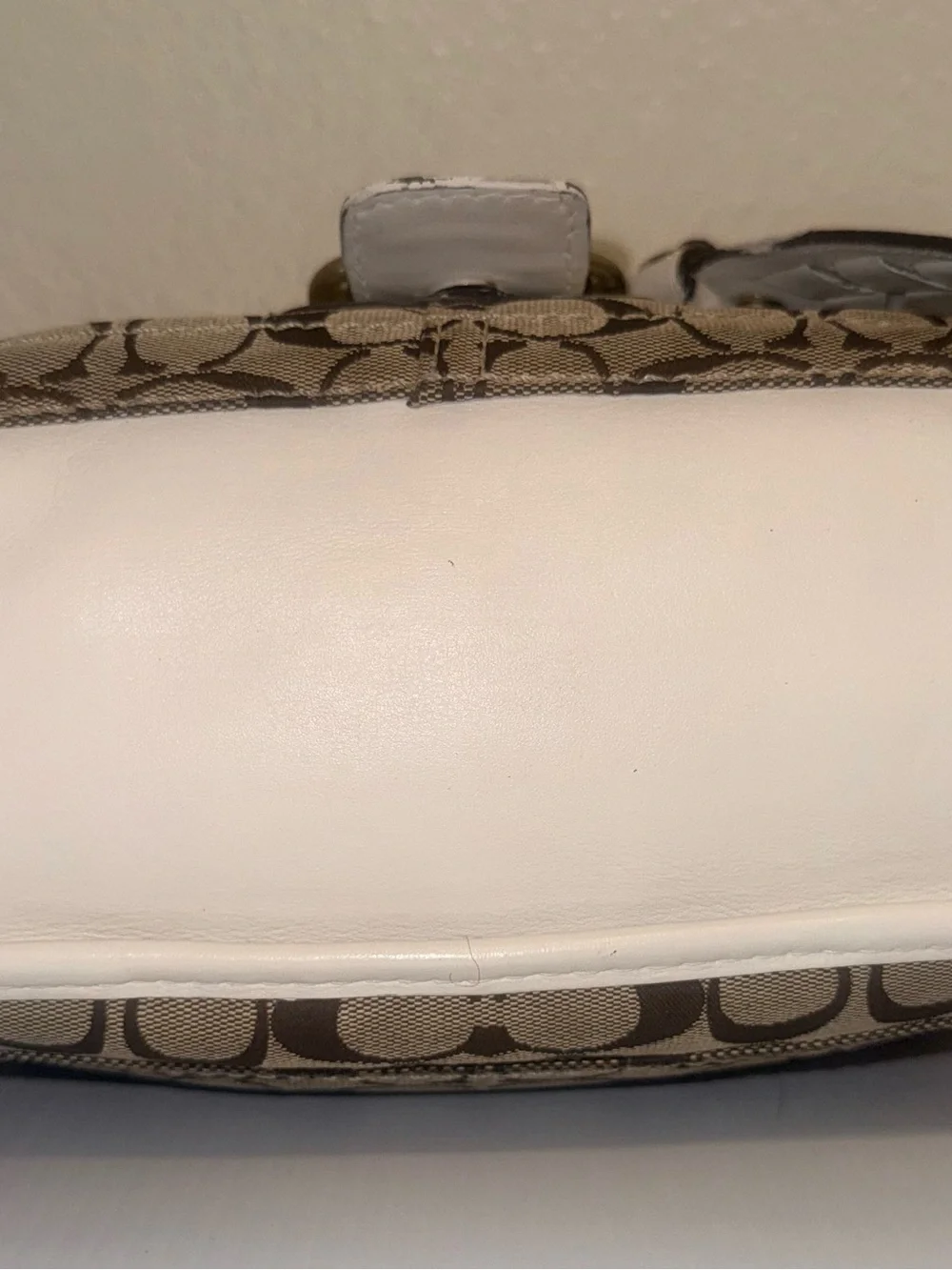 Coach White and Brown Signature Shoulder Bag with Brass Buckles